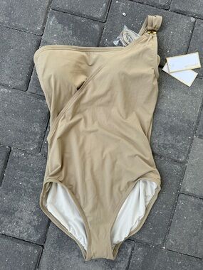 Michael Kors Khaki One-Shoulder Maillot with Gold Accent